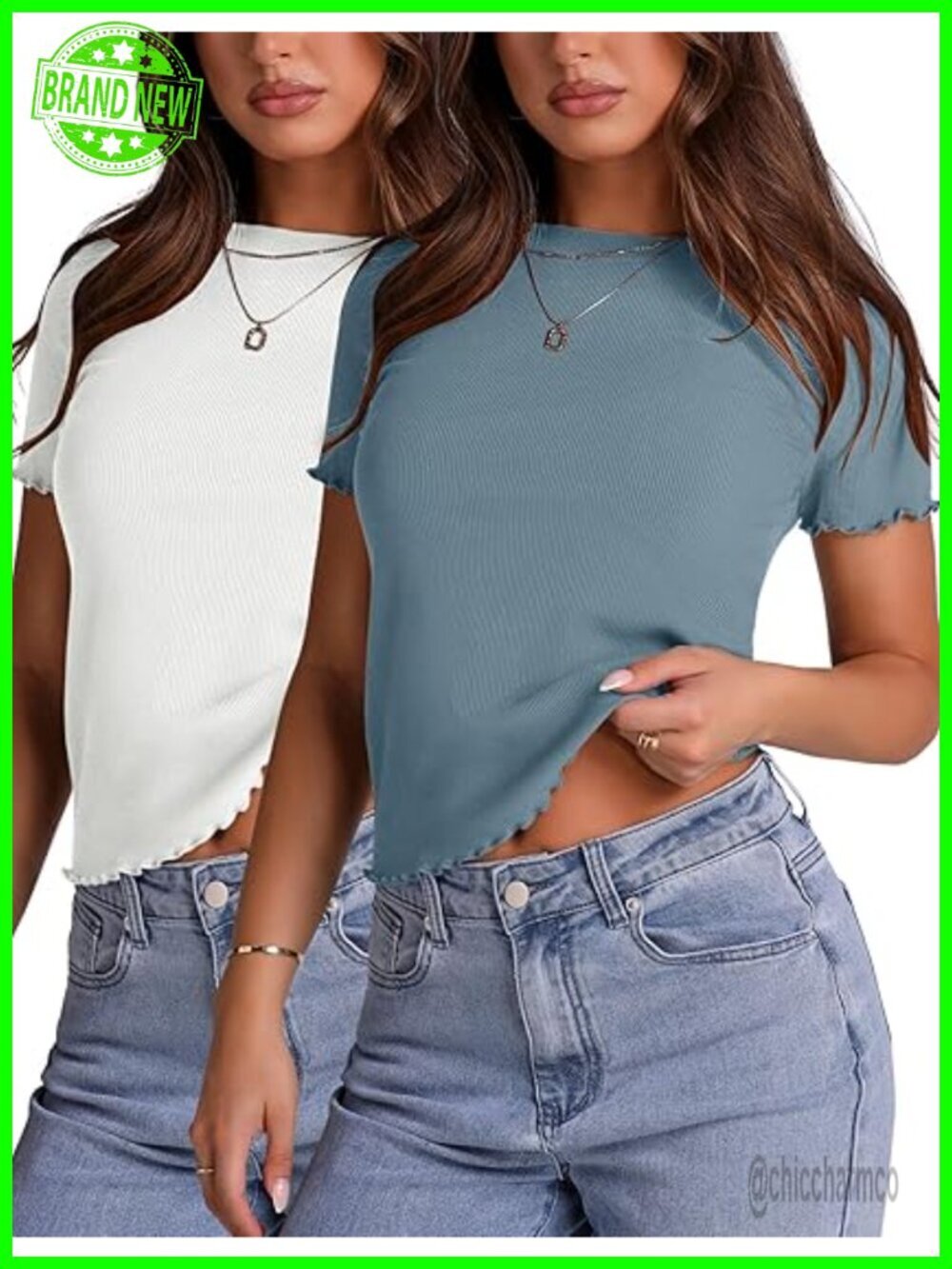 Ribbed Knit Crew Neck Short Sleeve T-Shirt Lettuce Edge Crop Top